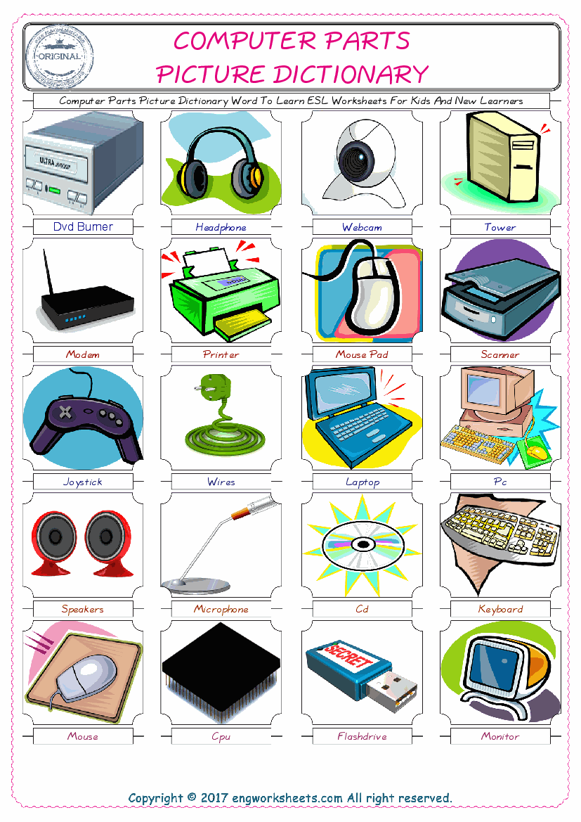  Computer Parts English Worksheet for Kids ESL Printable Picture Dictionary 